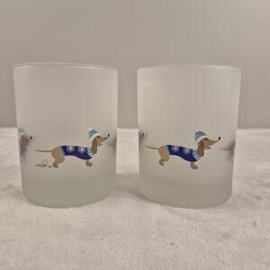 Set of 2 Culver Frosted Glass Dachshund Tumblers Winter Sweater Dog Barware